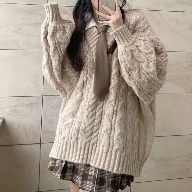 MEXZT Oversized Sweater Women Streetwear V Neck Knitted Pullovers Winter Harajuku Korean Loose Knitwear Preppy Casual Jumpers