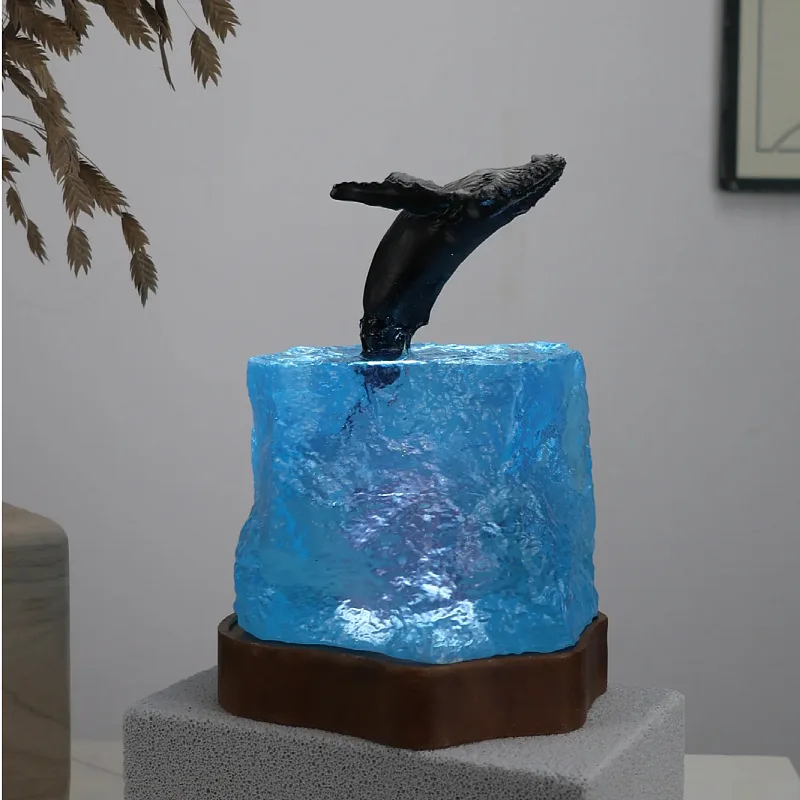 Museum-Grade Resin Art: Glowing Whale & Diver in Crystal Cave Wood Base LED Light