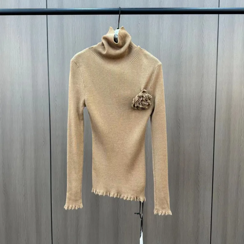 [ZOCI] Winter High Neck Long Sleeve Solid Color Flower French Style Versatile Street Trendy Knitted Sweater