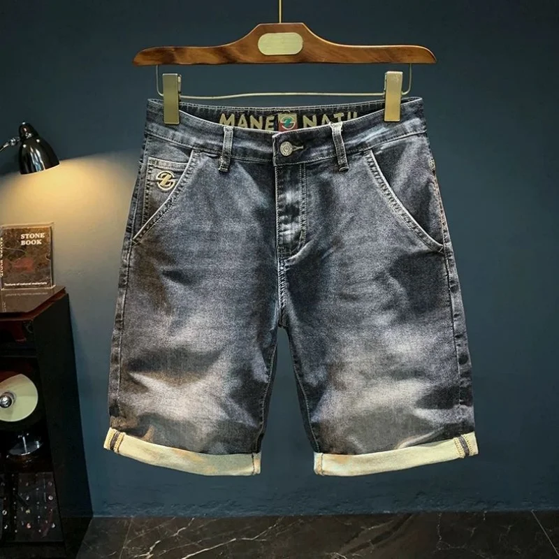 

New Summer Fashion Solid Color American Retro Straight Leg Stretch Denim Shorts Men's Casual Loose Fit Sports High Quality Short
