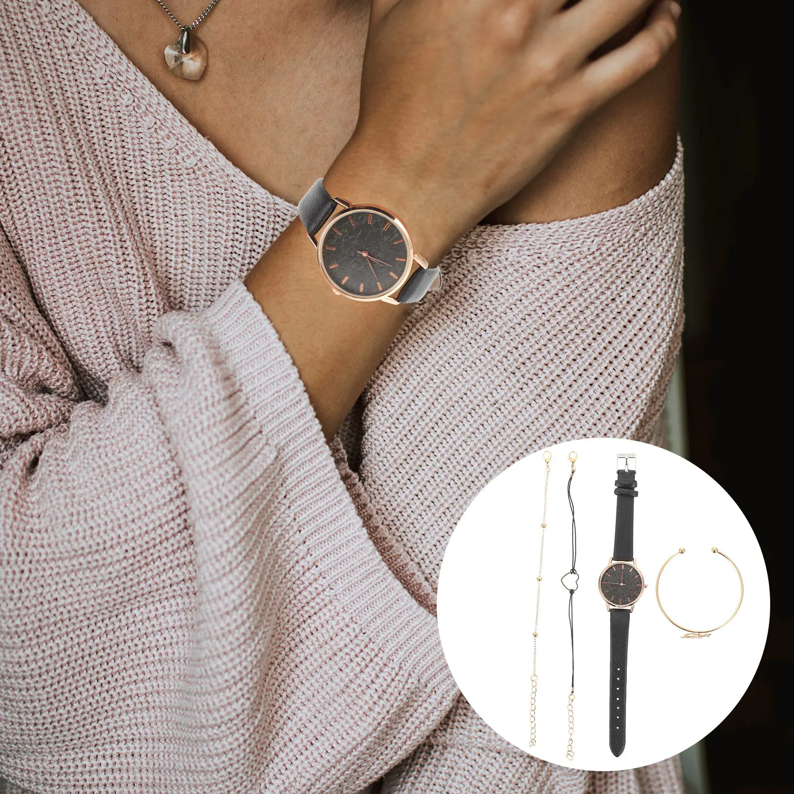 Classic Dial Ladies Watch Set with Comfortable Strap