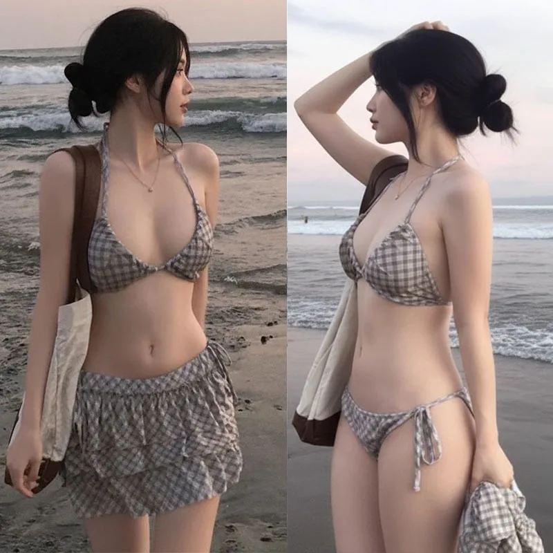 

New Split-Back Swimsuit Women's 3-Piece Set Fashion Sweet Girl Charming Plaid Slimming Cover-Up Beach Resort Swimsuit for Women