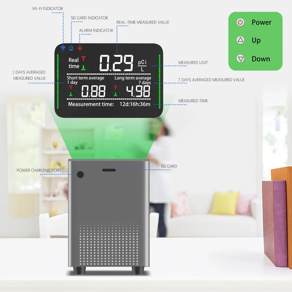 Smart Household Radon Pulse Ion Chamber Sensor LCD Screen Measures Bq/M3 Pci/L Radon in Air Soil Water radon detector