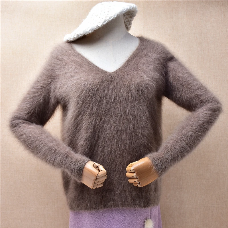 

Ladies Women Autumn Winter Clothing Hairy Mink Cashmere Knitted V-Neck Long Sleeves Slim Blouses Pullover Angora Jumper Sweater