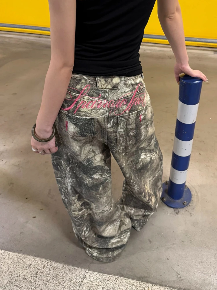Y2k Letter Embroidery Vintage Boyfriend Jeans Woman Camouflage Wide Leg American Style Denim Pants Baggy Streetwear