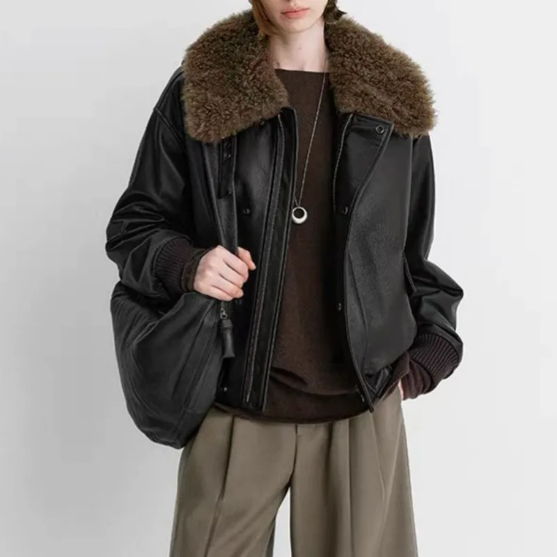 

Genuine Leather Autumn Winter New Lamb Wool Collar Sheepskin Goose Down Puffer Coat