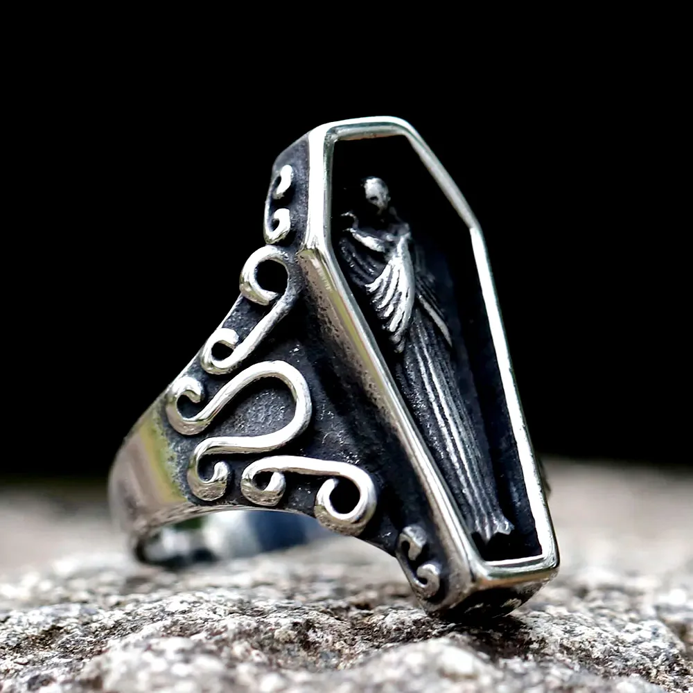 Retro Gothic Mummy Vampire Coffin Ring Stainless Steel Punk  Skull Ring For Men Biker Street Trendy Accessories Fashion Jewelry