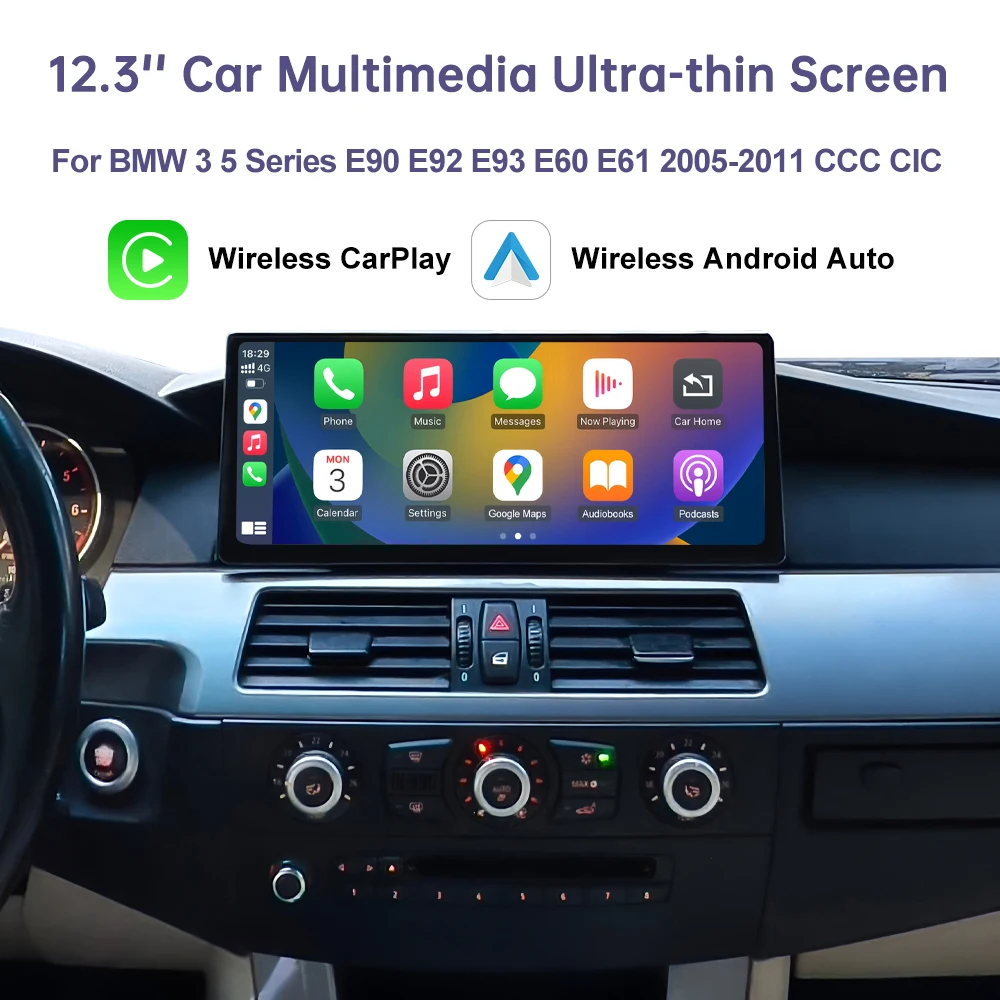 12,3 Zoll ultradünner Touchscreen für BMW 3er E90/E91/E92/E93 5er E60 E61 E63 CCC/CIC Wireless CarPlay Display Radio