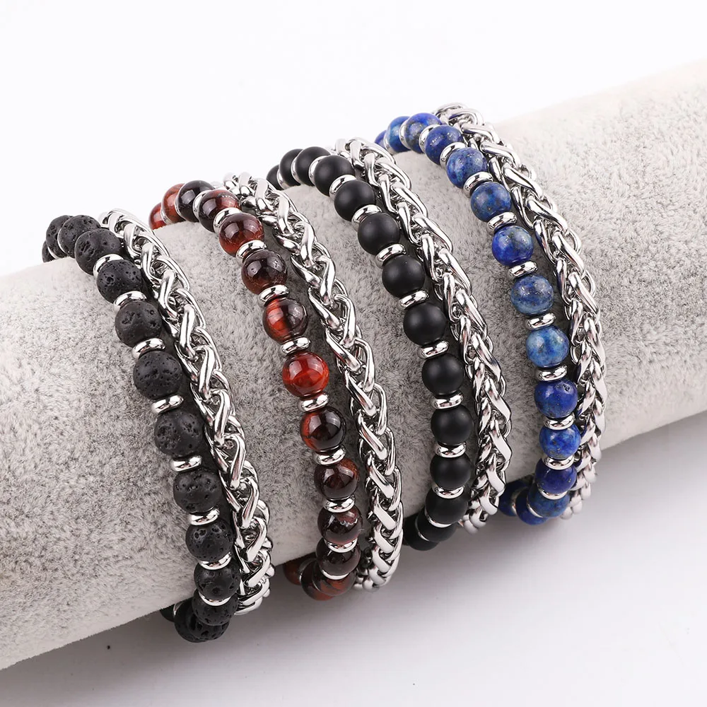 

JARAVVI New Fashion Stainless Steel Chain Natural Stone Two Layer Beads Bracelet Jewelry Men
