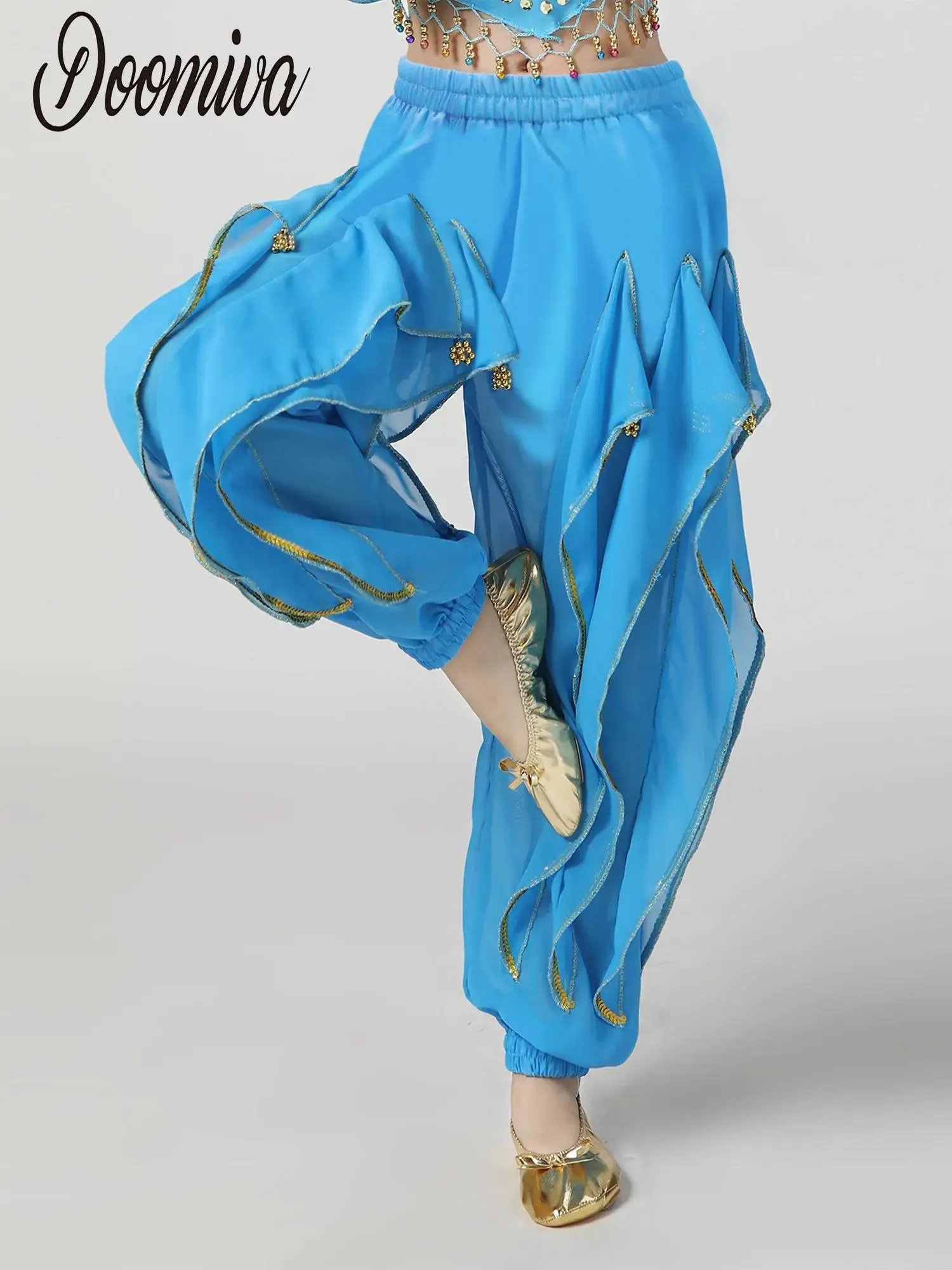 

Girls Belly Dance Ruffles Pants Stage Performance Belly Costume Elastic Waistband Dance Trousers for Theme Party Carnival