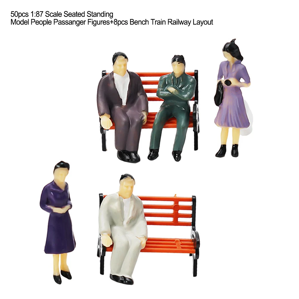 

1:87 Scale Train Modeling Figures 50 Passengers In Natural Poses Plus 8 Benches For Railway Station Platform And Street Layouts