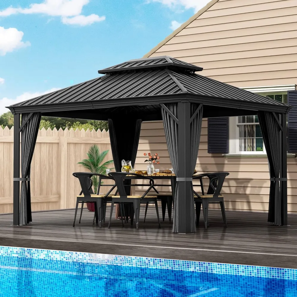 

10' x 12' Hardtop Gazebo, Galvanized Steel Roof Aluminum Gazebo with Curtains and Netting, Metal Pavilion Outdoor Gazebos