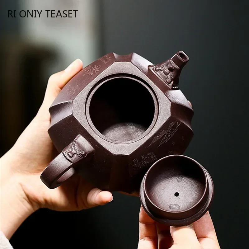 330ml Chinese Yixing Purple Clay Teapots Master Handmade Square Shape Tea Pot Raw Ore Purple Mud Kettle Household Zisha Tea Set