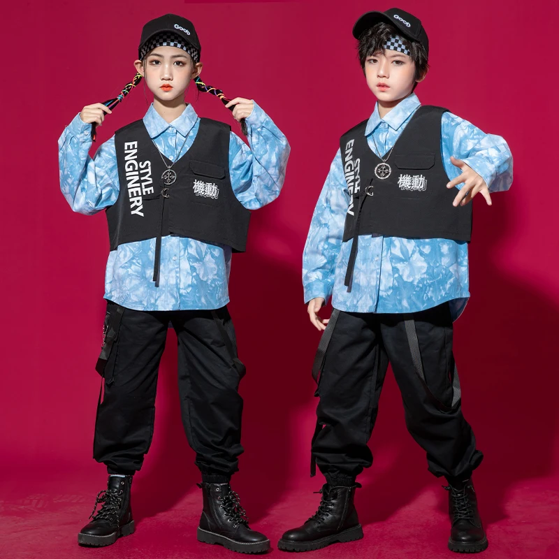 Kids Kpop Outfits Hip Hop Clothing Tie Dye Shirt Vest Streetwear Black Cargo Pants For Girl Boy Jazz Dance Costume Stage Wear