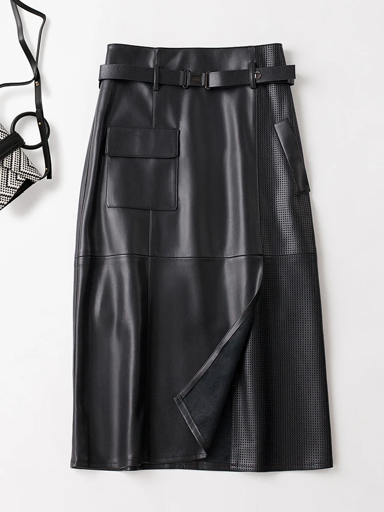 Leather A-Line  Skirt Women's Mid-Length Slimming Autumn Winter Coffee Color Pencil Skirt High Waist Sheepskin Design