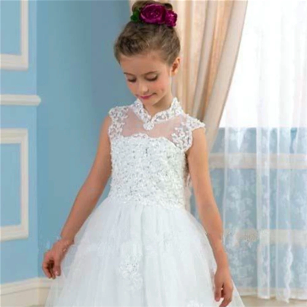 Branco elegante primeira comunhão vestidos sem mangas tule renda impressão sem costas vestido da menina de flor princesa bola crianças presente aniversário