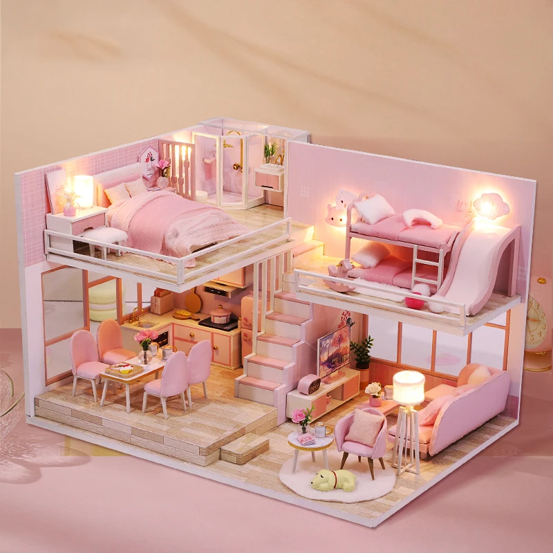 DIY Wooden Doll House Handmade Duplex Apartment Production 3D Puzzle Assembly Building Duplex Apartment Model Toy Children Gifts