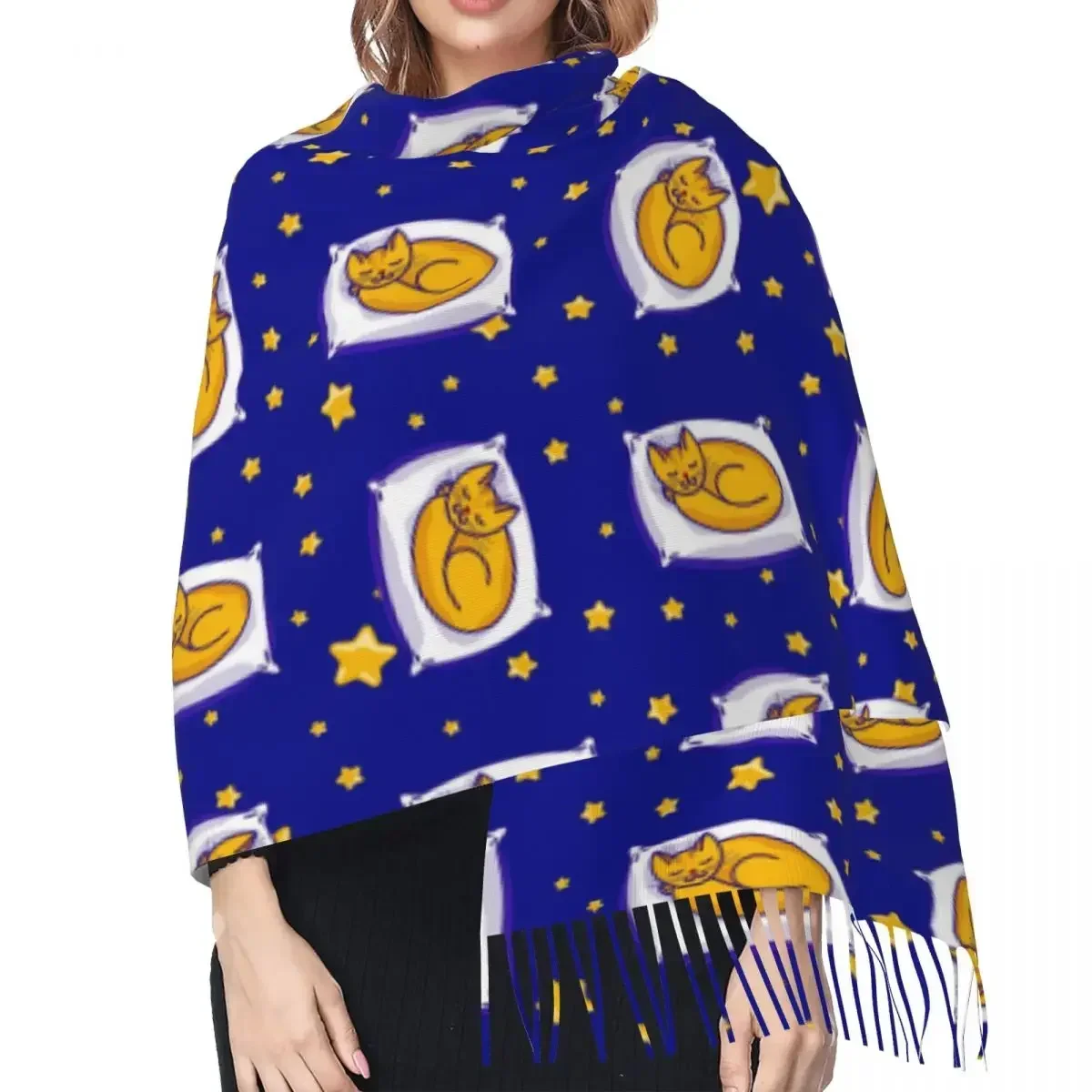 Bonito dormindo gengibre gato e estrelas no céu claro cachecol de inverno xales envoltório feminino masculino quente bufanda borla cachecóis