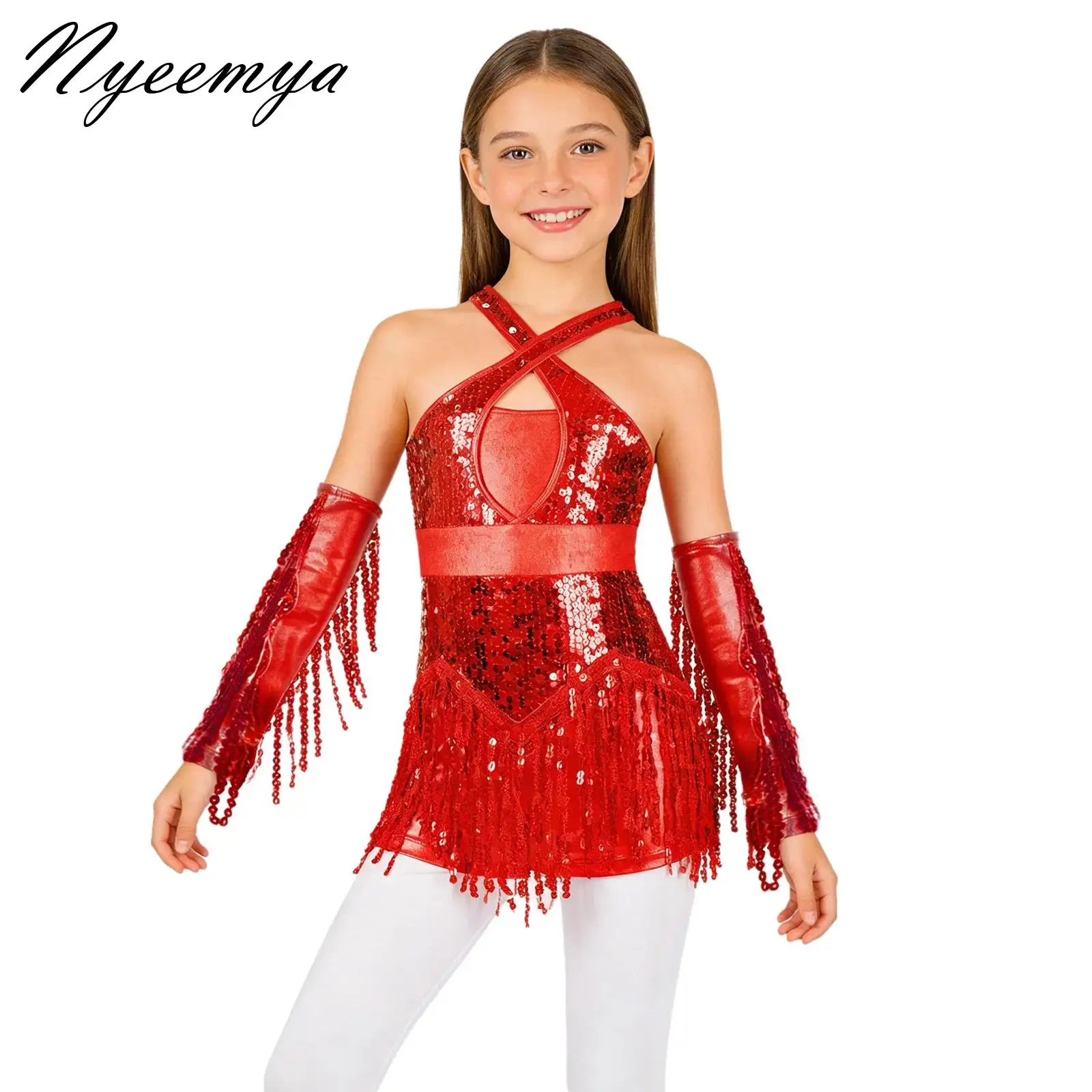 

Kids Girls Latin Dance Cha-Cha Performance Costume Cutout Back Sparkly Sequins Tassel Leotard with Metallic Gloves Dancewear Set