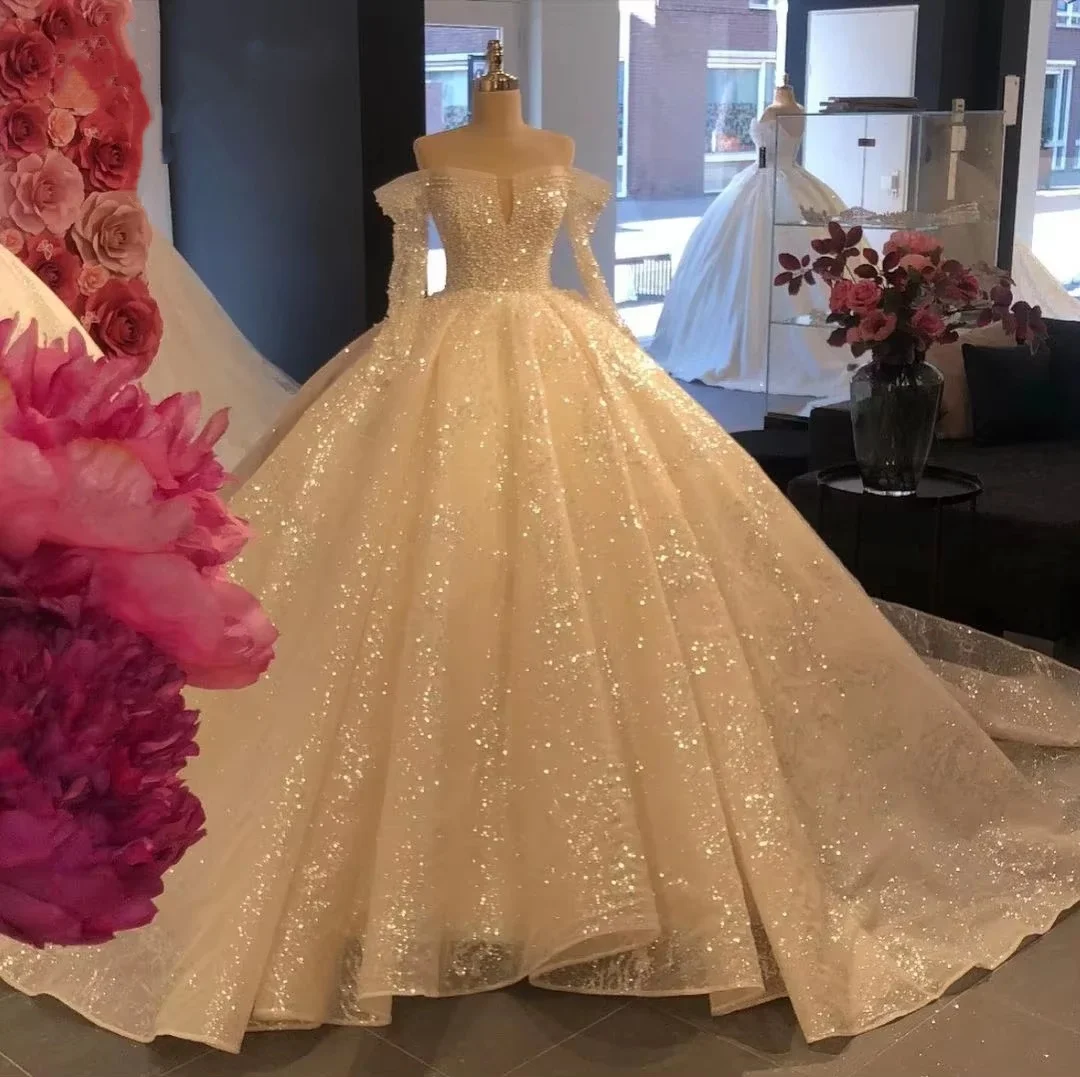Custom Long Sleeve Full Beaded Tulle Ball Gown Wedding Dress Deep V Sparkly Lace Cathedral Train Luxury Princess Bridal Gown