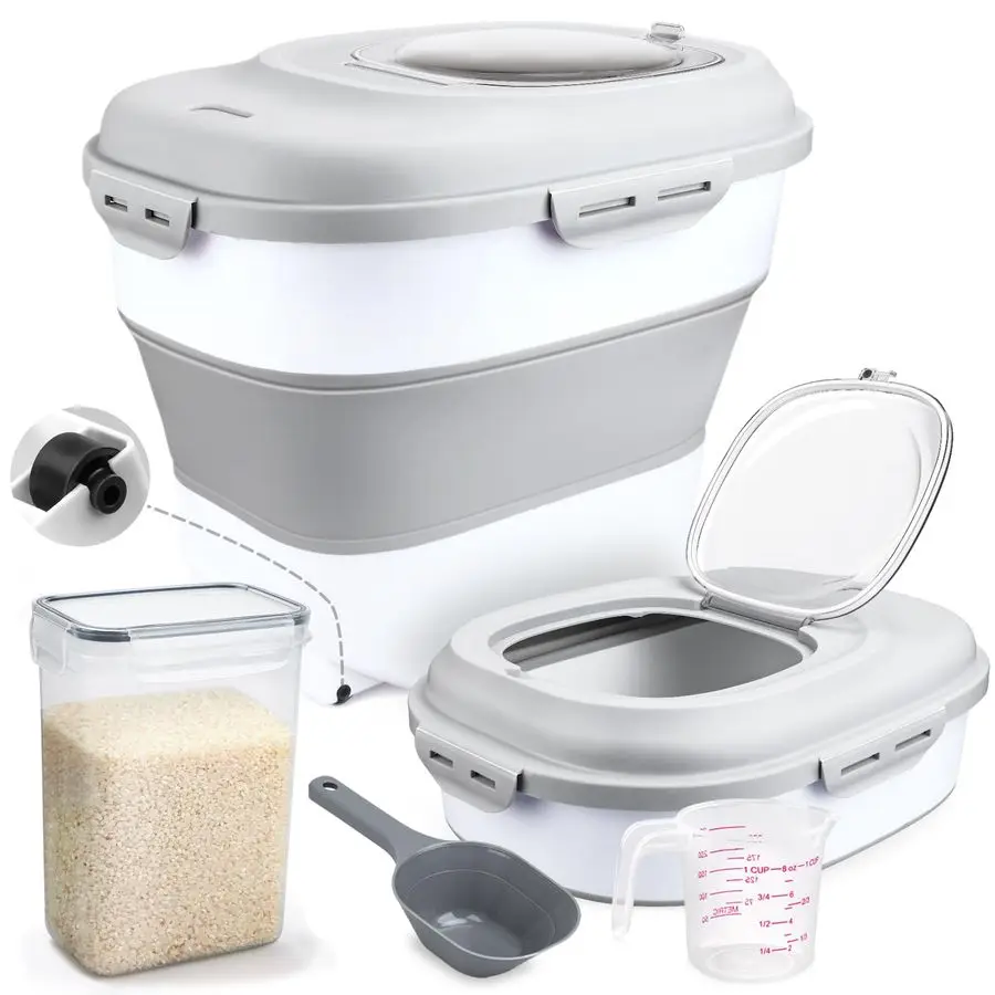 

Storage Bin Cereal Containers, 1350lb Collapsible Rice Container Dispenser with Transparent Lid, Rolling Wheels, Measuring Cup a