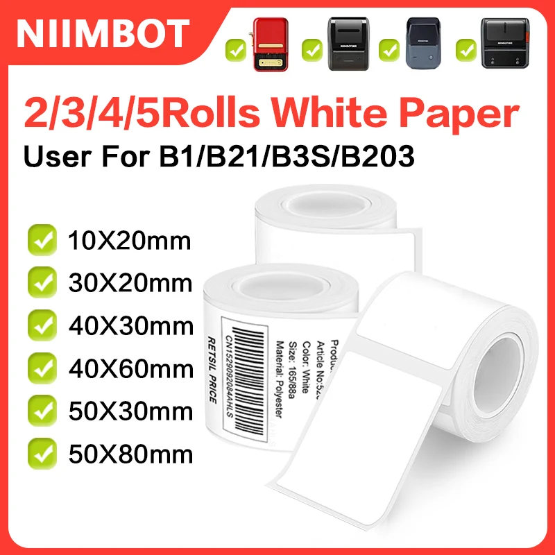 Niimbot B1 Portable Printer White Sticker 2/3/4/5Rolls Waterproof Paper Adhesive Label Printer Residential &Commercial For B21