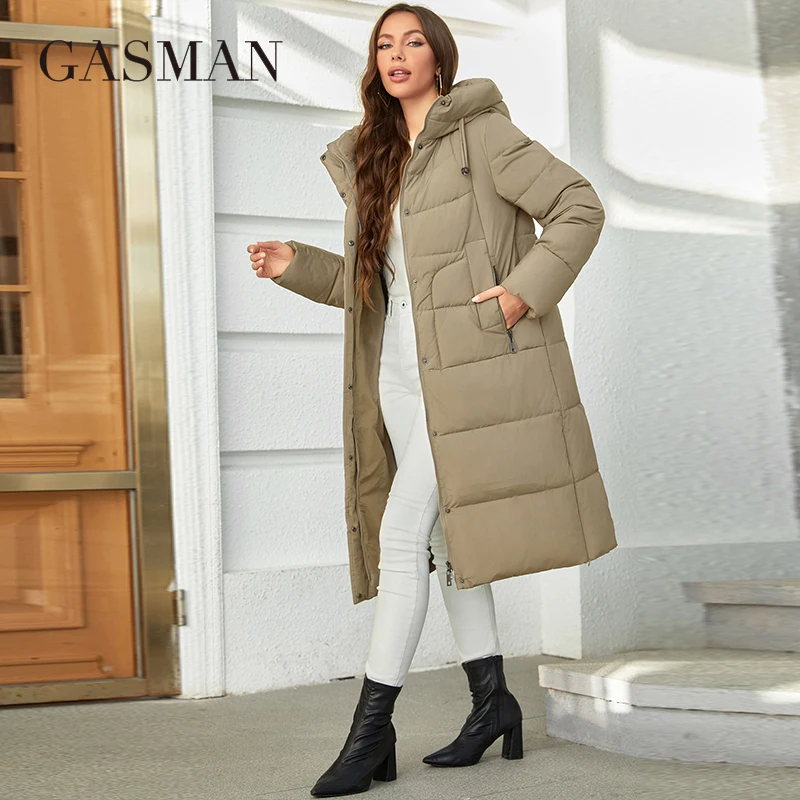 GASMAN 2023 Winter Down Jacket Women Long Classic zipper Design Pocket Stand Collar Hooded Slim Coat Women Parkas 83512