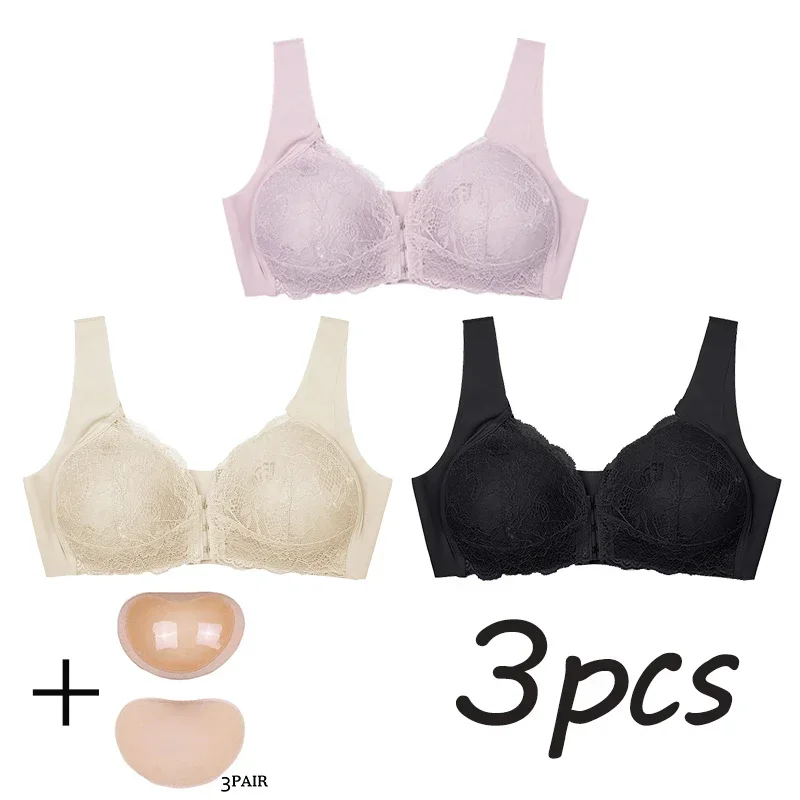 

3PCS Plus Bra Sexy Bralette Top Underwear Push Up Breast Pads M-5XL Seamless Bra Lace Front Closure Brassiere Lingerie Female