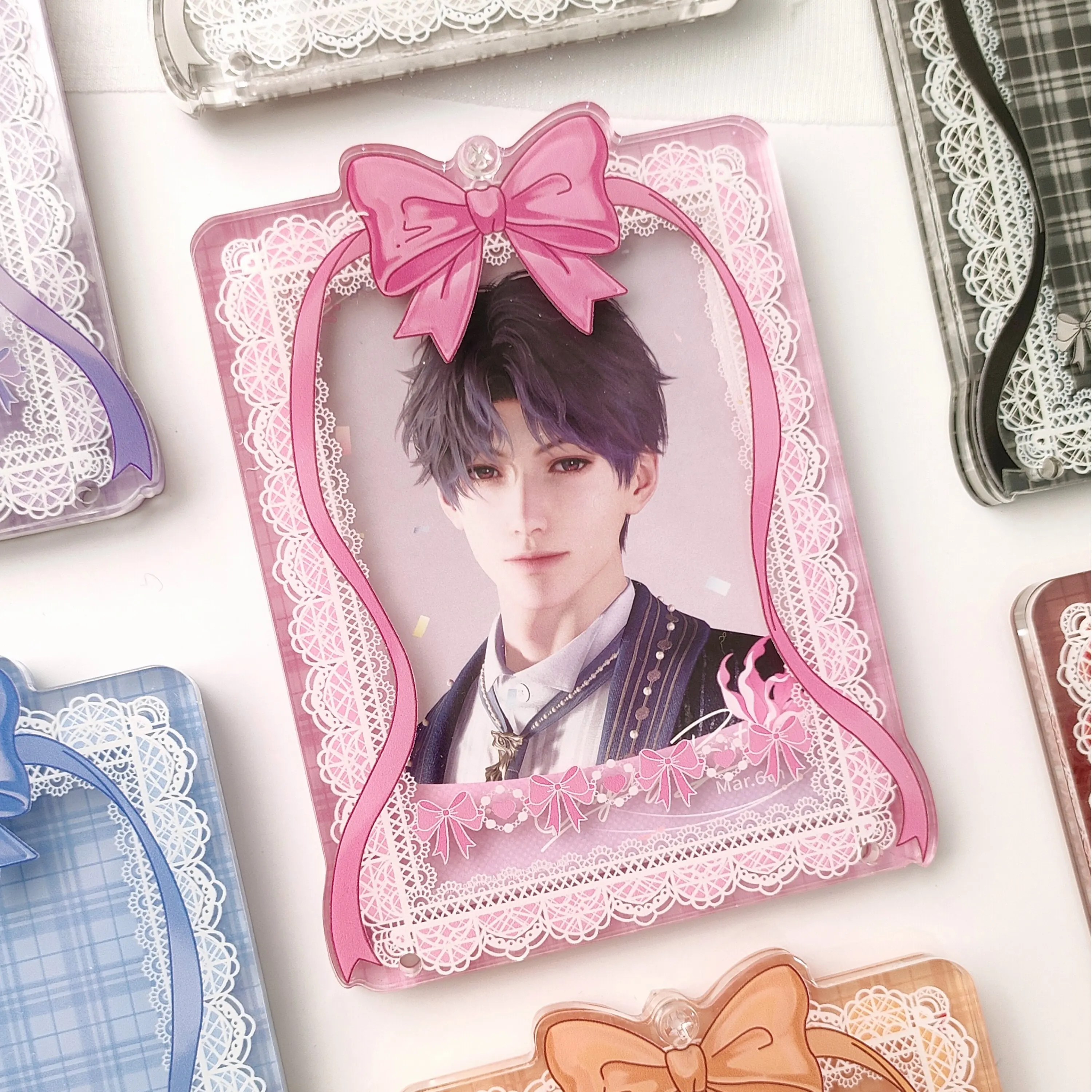 Lace Plaid Bow Dreamy Acrylic Display Frame, Card Brick for 3inch 3.5 Inch Photocards, Pastel Kawaii Collectible Display Holder