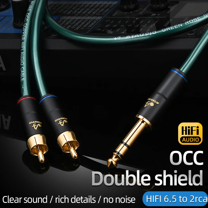 ATAUDIO HiFi 6.5mm to 2RCA Audio Cable OCC Double Shielding 6.5 TRS Jack to 2RCA Male Cable Gold Plated Plug for Audio Amplifier