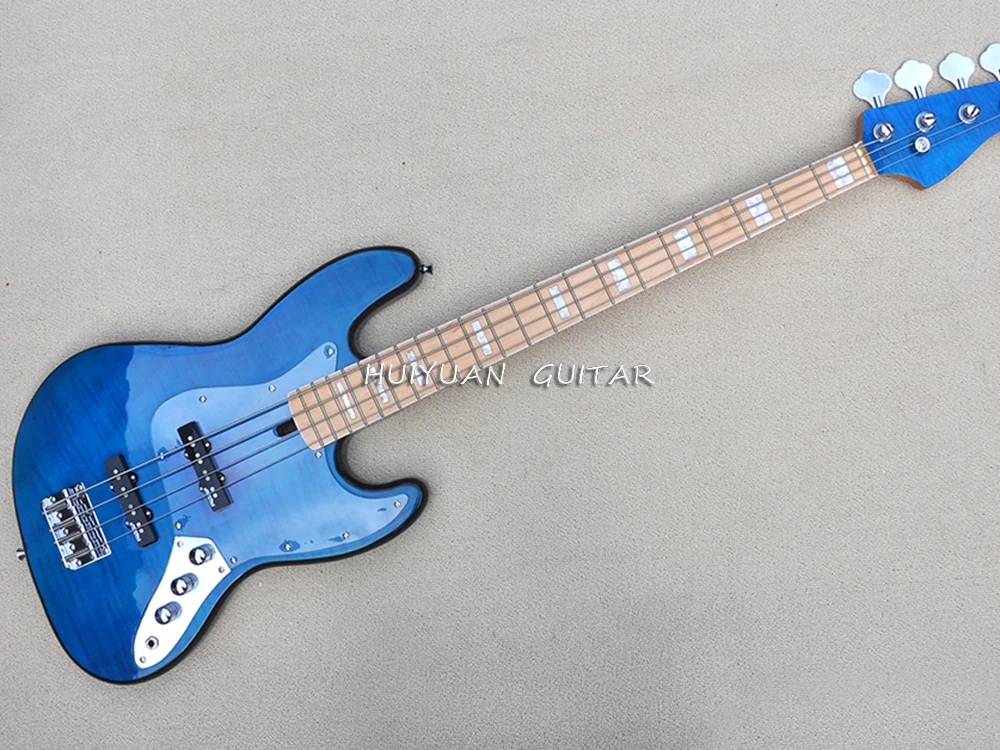 4 Strings Blue Electric Bass Guitar with  Maple Fretboard,Flame Maple Veneer,Customizable