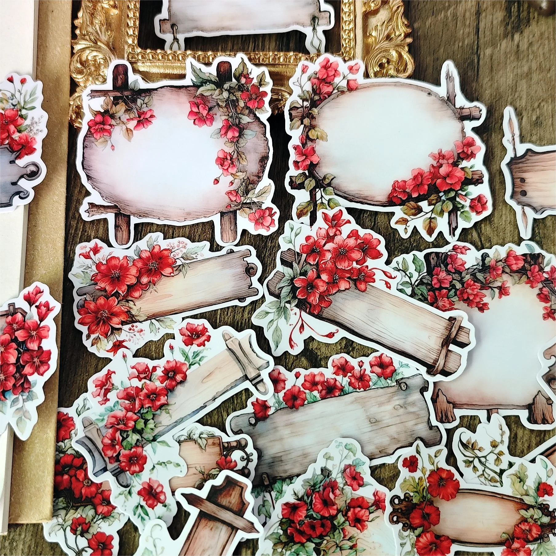 1 Set Vintage wooden forest red floral signage Stickers Scrapbooking  Decorative DIY Stationery Decals Journals Notebooks