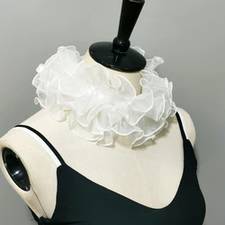 Fashion Womens Layering Ruffled Lace False Collar Ribbon Tie Chokers Shawl Wrap Neck Ruff Necklace