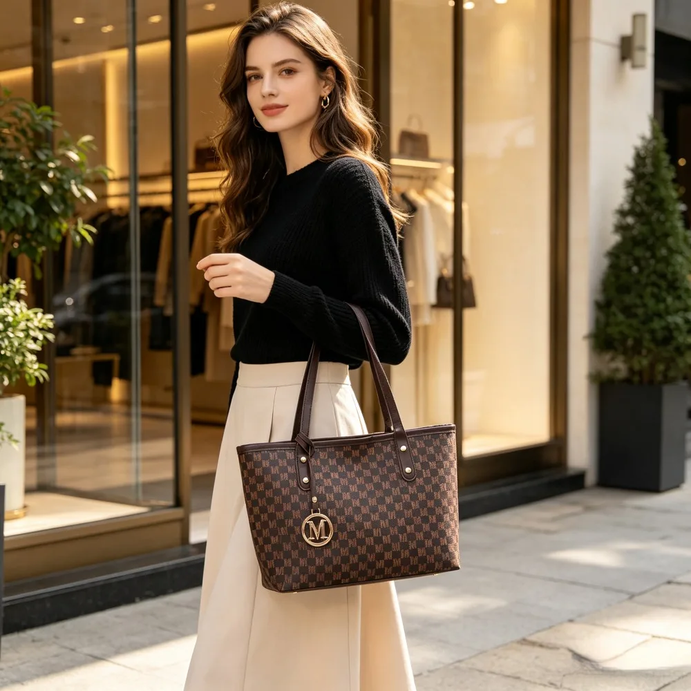 1 Pack Coffee Fashion Printed Women Tote Bag, Large Capacity Top‑Handle Shoulder Handbag, Spacious Commuter Purse for Office & Daily Errands, 40×12×25cm