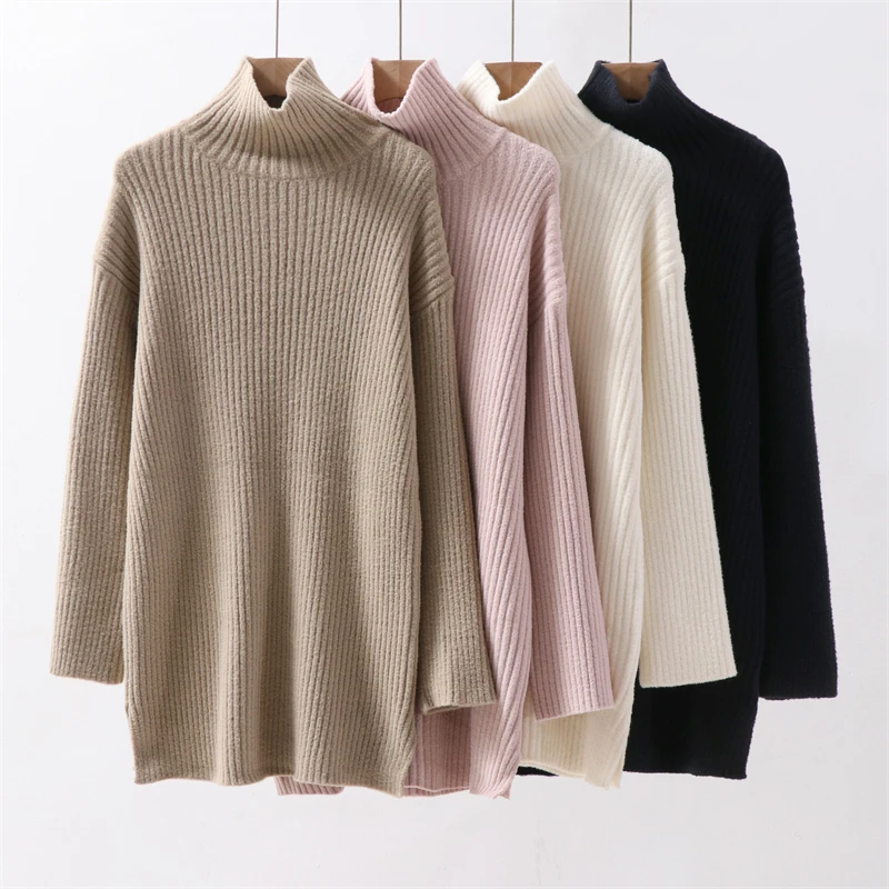 Half high collar base sweater, soft and sticky knit temperament, loose woolen dress, furry pullover sweater with coat