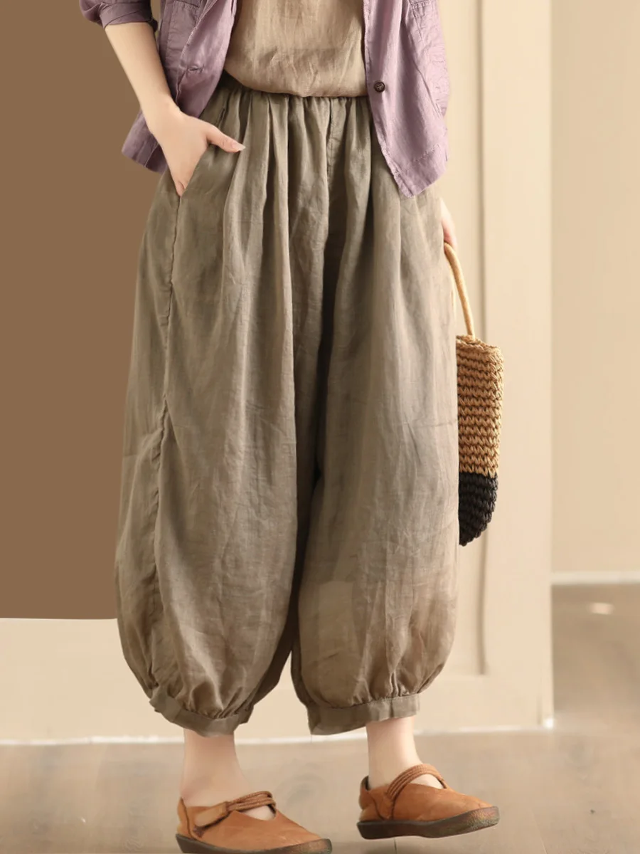 

Retro Double Layered Hemp Lantern Pants Women's Loose Elastic Waist Casual Harlan Pants Slimming Trendy Commute Sle