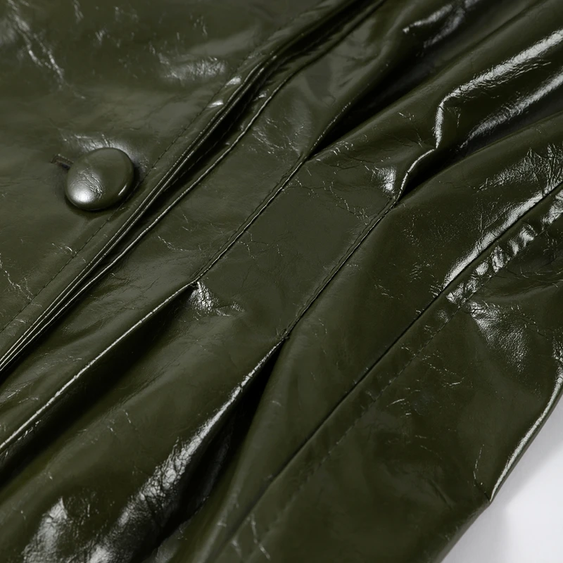 Damen Leder-Minirock-Anzug mit Langarm-Reversjacke und figurbetontem Rock, Frühjahr/Herbst 2026 Motorrad-Outfit – Detail 6