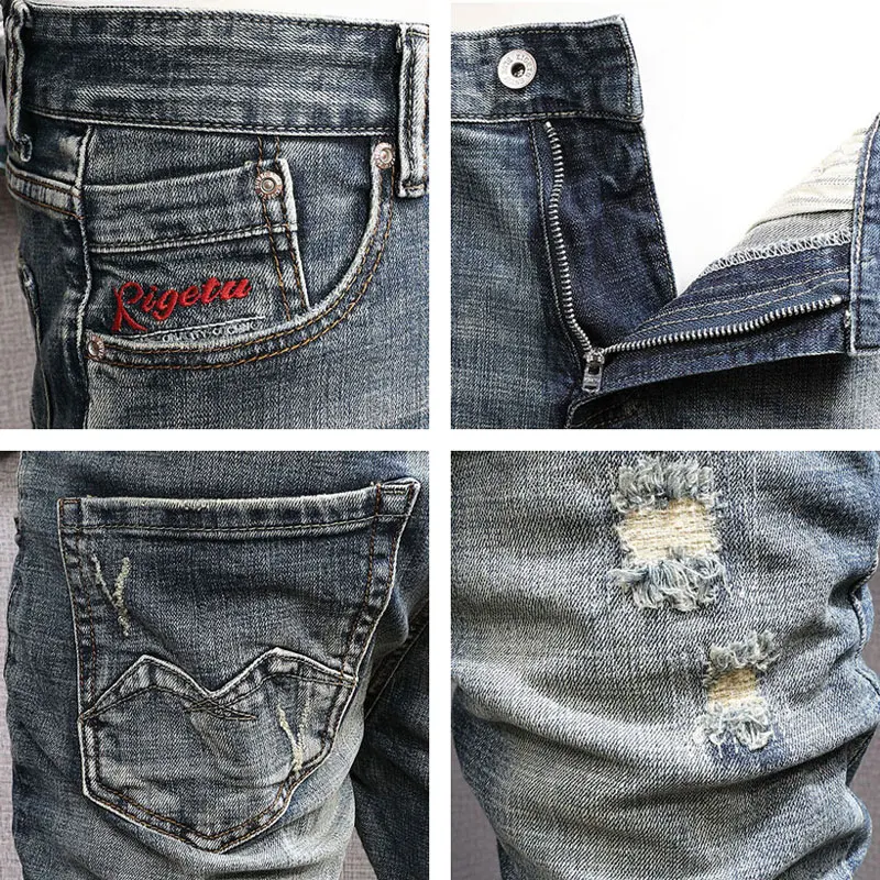 Fashion Designer Men Jeans Retro Washed Blue Elastic Slim Fit Ripped Jeans Men Trousers Embroidery Patched Vintage Denim Pants