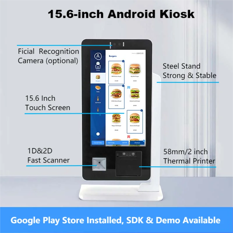 

Desktop Self Ordering Kiosk 15.6 Inch IPS Touch Screen Self Service Machine Desktop POS Terminal With Printer QR code Scanner