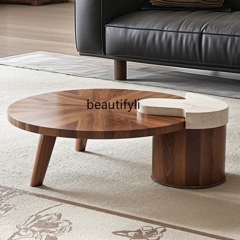 

High-end living room coffee table wabi-sabi wind walnut color coffee table design sense round wood retro