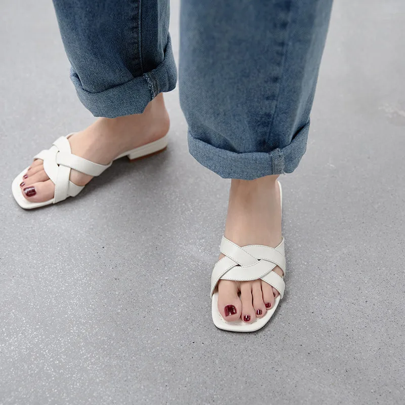 FEDONAS Casual Low Heeled Slippers Women Sandals Genuine Leather Weave Summer Hollow Shoes Woman Fashion New Arrival