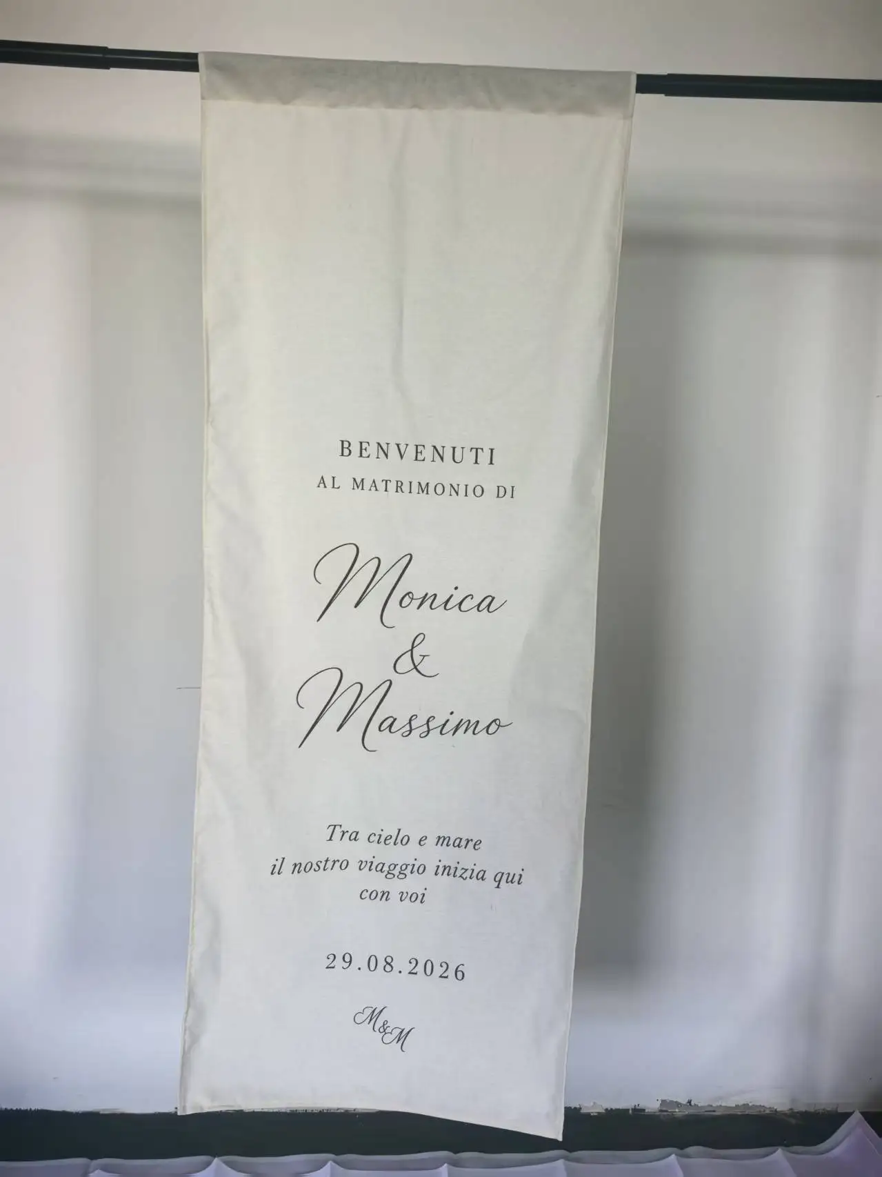 Personalized Linen Wedding Welcome Banner Custom Venue Illustration Names Date Hanging Sign for Ceremony Reception Decor