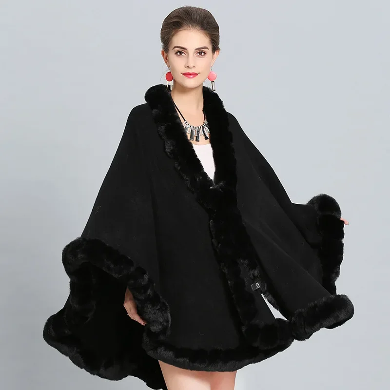 10 Colors Winter Warm Thick Big Pendulum Out Streetwear Loose Long Cloak Knitted Poncho Coat Women String Faux Fur Collar Cape