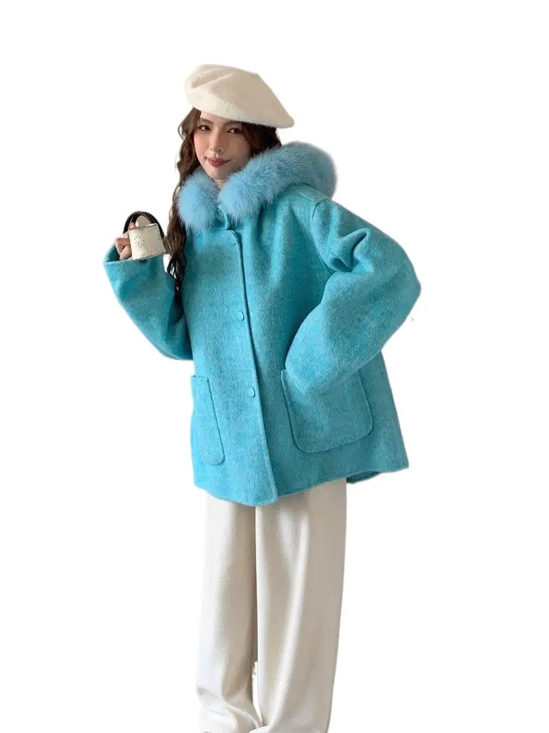 

Новое двустороннее шерстяное кашемировое пальто средней длины с капюшоном из лисьего меха в скандинавском стиле, осень/зима 2021, для женщин