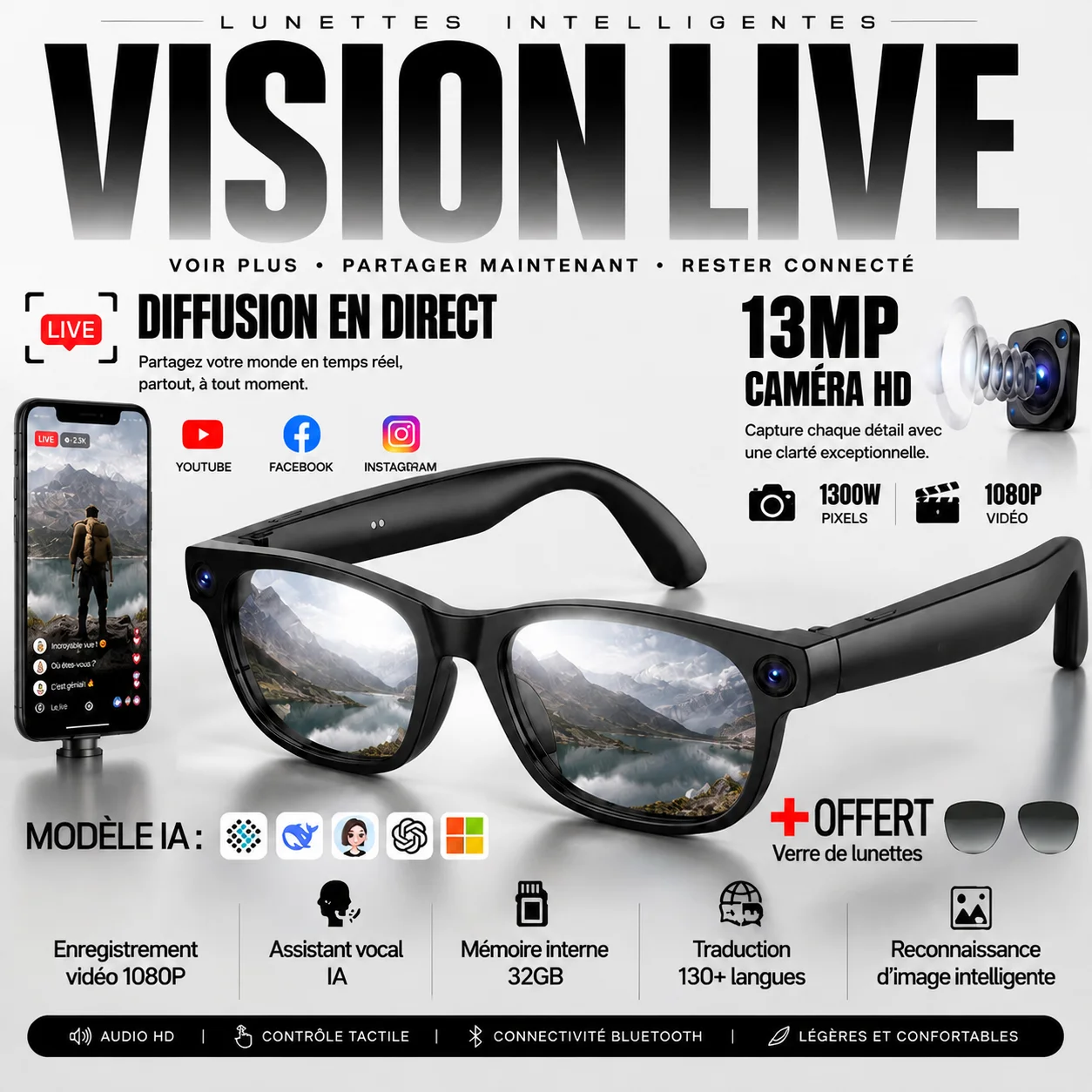 Lunettes Intelligentes à Commande Vocale IA avec Caméra 13MP, Vidéo HD, Diffusion en Direct, Contrôle Tactile, Traduction IA, Appel Bluetooth, Audio, Lunettes de Soleil pour Hommes