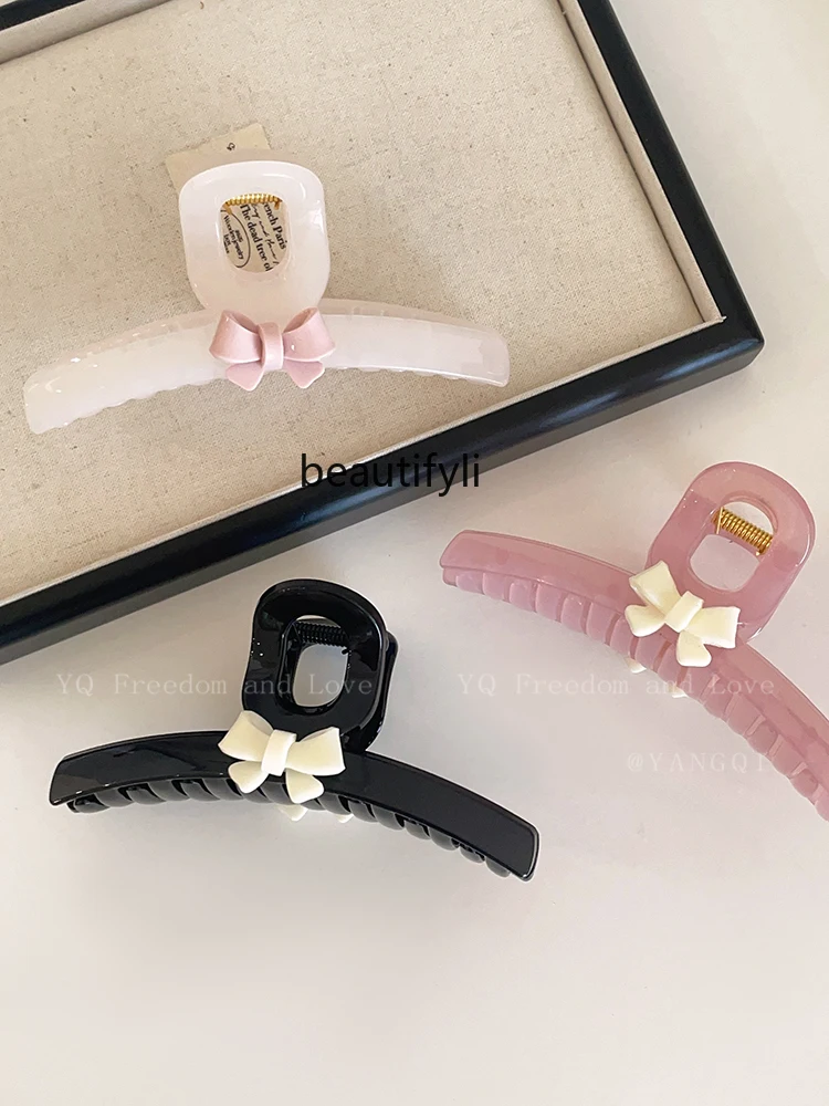 White Bow Solid Color Grip Female Niche High Sense Elegant Hair Clip Updo Shark Clip Hair Claw