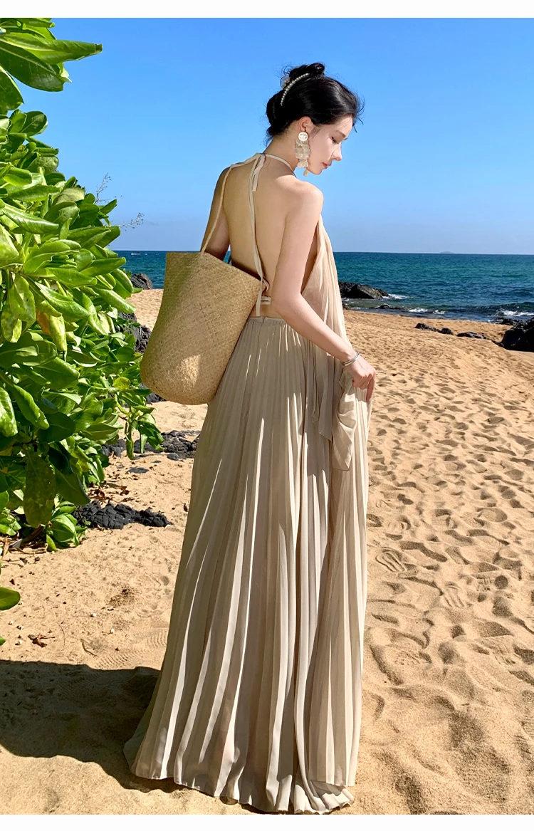 Summer Female Beach Dress Backless Lady Holiday Clothes Solid Color Long Loose Halter Collar Maxi Skirt Chiffon Pleated Twinset