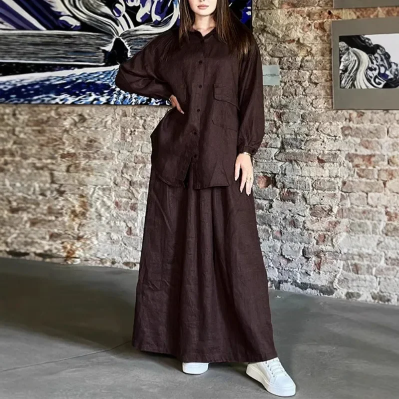 

Весна 2025 г., модная рубашка из хлопка и линии в стиле ретро с лацканами и длинными рукавами, однобортная юбка, женская повседневная модная юбка из двух предметов, комплект