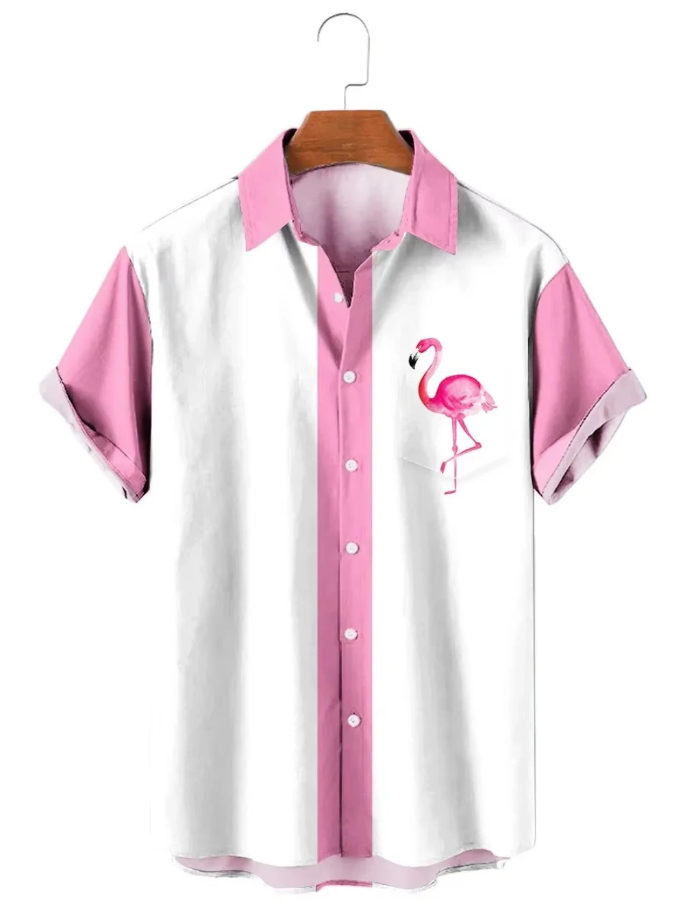 

Men's Casual Striped Flamingo Print Shirt Short Sleeve Turn-Down Collar Soft Lightweight Material Ideal for Daily Wear