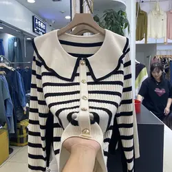 Peter Pan Collar Knitting Female Preppy Style Patchwork Long Sleeve Sweater Women Clothes Sweet Buttons Loose Pullovers Autumn